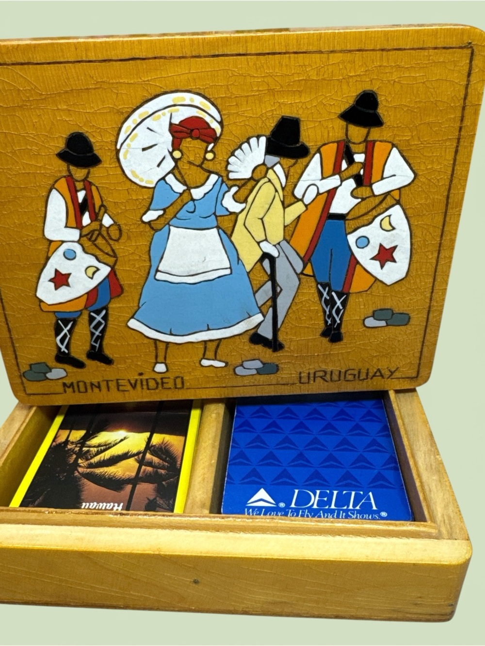 Painted Montevideo Uruguay Wooden Game Box w/2 complete card decks